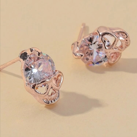 Unisex Rose Gold CZ Skull Earrings - Picture 2 of 3